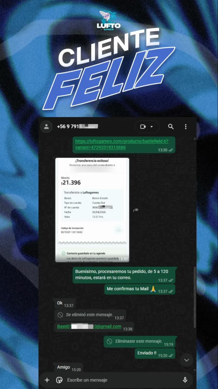 Captura de WhatsApp de un cliente de Luftogames confirmando su compra